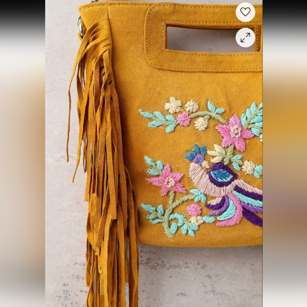 Embroidered Yellow Crossbody Bag with Fringe - Picture 13 of 14